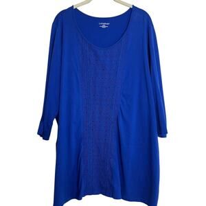 Catherines Womens Knit Crochet Front Tunic Size 1X Blue 3Q Sleeve Cotton Spandex